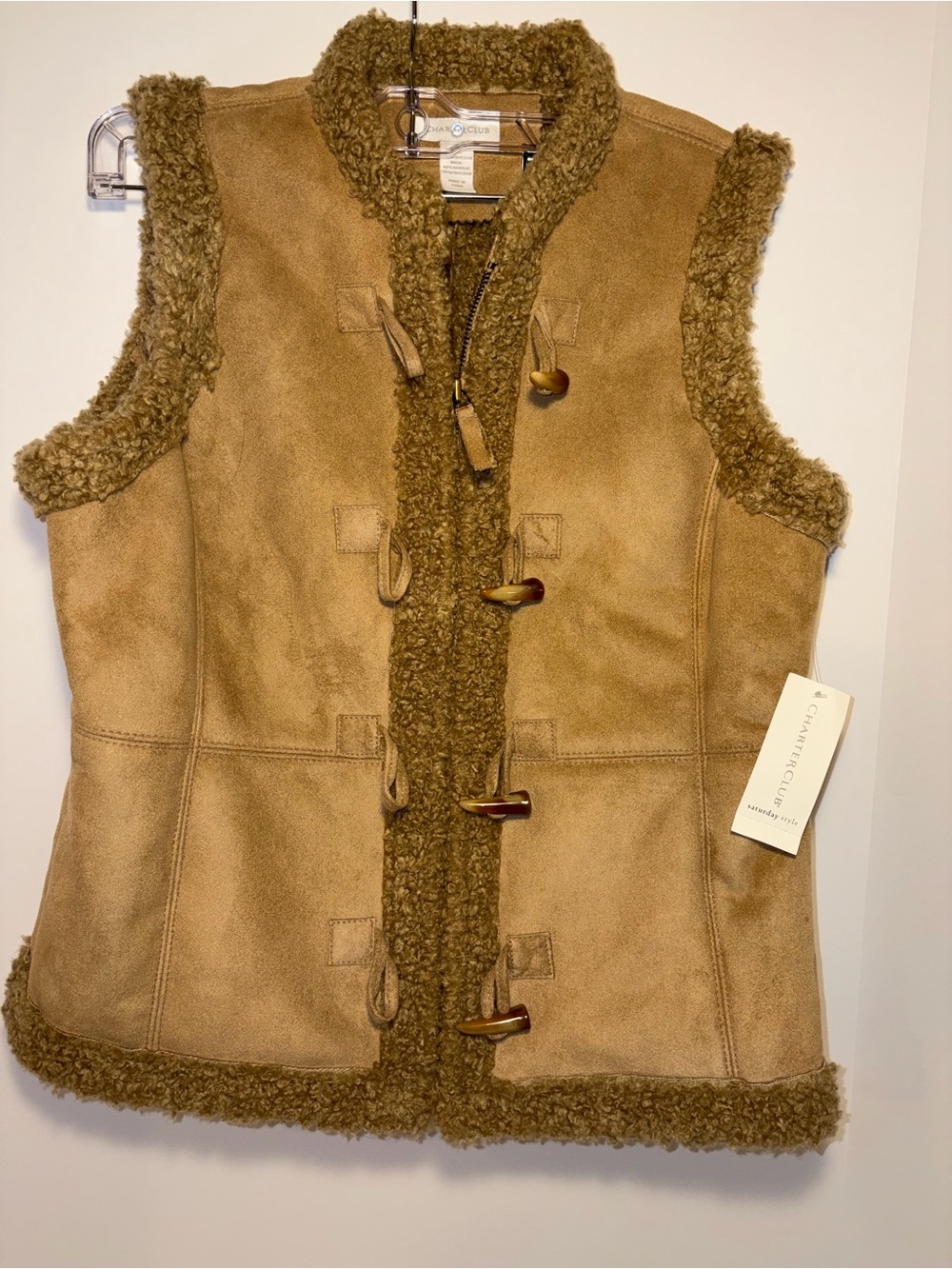 NWT Charter Club Women’s Small Faux Suede Sherpa Vest Toggle Front Tan